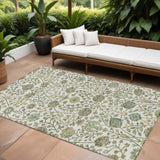 8' X 10' Ivory Green And Brown Floral Washable Indoor Outdoor Area Rug