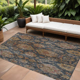 8' X 10' Navy Blue Brown And Terra Cotta Damask Washable Indoor Outdoor Area Rug