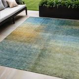 5' X 8' Blue Gold And Green Abstract Washable Indoor Outdoor Area Rug