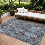 8' X 10' Chocolate And Aqua Damask Washable Indoor Outdoor Area Rug