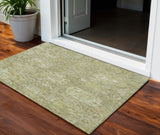 3' X 5' Sage And Green Damask Washable Indoor Outdoor Area Rug