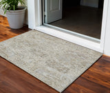 3' X 5' Ivory Brown And Gray Damask Washable Indoor Outdoor Area Rug