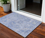 3' X 5' Sky Blue Ivory And Gray Damask Washable Indoor Outdoor Area Rug