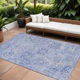 8' X 10' Sky Blue Ivory And Gray Damask Washable Indoor Outdoor Area Rug