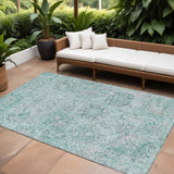 8' X 10' Teal Blue And Gray Damask Washable Indoor Outdoor Area Rug