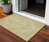 3' X 5' Gold Tan And Beige Oriental Washable Indoor Outdoor Area Rug