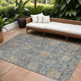 8' X 10' Denim Blue Brown And Beige Damask Washable Indoor Outdoor Area Rug