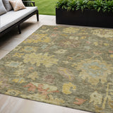5' X 8' Artichoke Green Coral And Brown Floral Washable Indoor Outdoor Area Rug