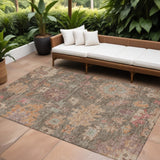 8' X 10' Brown Tan And Terra Cotta Floral Washable Indoor Outdoor Area Rug