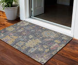 3' X 5' Blue Charcoal And Gold Floral Washable Indoor Outdoor Area Rug