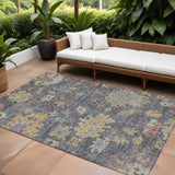 8' X 10' Blue Charcoal And Gold Floral Washable Indoor Outdoor Area Rug