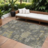 8' X 10' Gray And Charcoal Floral Washable Indoor Outdoor Area Rug