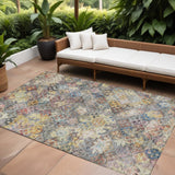 8' X 10' Gold Blue And Brown Floral Washable Indoor Outdoor Area Rug