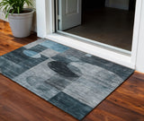 3' X 5' Teal Blue Gray And Charcoal Geometric Washable Indoor Outdoor Area Rug