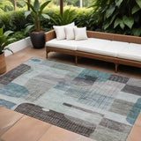8' X 10' Teal Blue Gray And Charcoal Abstract Washable Indoor Outdoor Area Rug