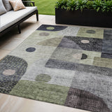 5' X 8' Artichoke Green Gray And Charcoal Geometric Washable Indoor Outdoor Area Rug