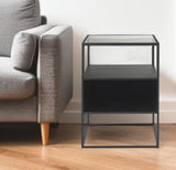 21" Clear and Black Glass and Metal Square Frame End Table With Two Shelves