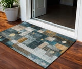 3' X 5' Teal Blue Gray And Gold Geometric Washable Indoor Outdoor Area Rug