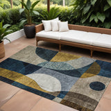 8' X 10' Blue Gold And Gray Abstract Washable Indoor Outdoor Area Rug