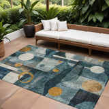 8' X 10' Teal Blue Ivory And Gold Geometric Washable Indoor Outdoor Area Rug