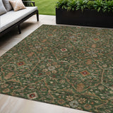 5' X 8' Emerald Brown And Red Floral Washable Indoor Outdoor Area Rug