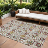 8' X 10' Ivory Red And Green Floral Washable Indoor Outdoor Area Rug