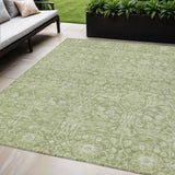 5' X 8' Artichoke Green And Ivory Floral Washable Indoor Outdoor Area Rug