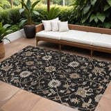 8' X 10' Black Brown And Ivory Floral Washable Indoor Outdoor Area Rug