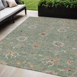 5' X 8' Artichoke Green Ivory And Coral Floral Washable Indoor Outdoor Area Rug