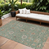 8' X 10' Artichoke Green Ivory And Coral Floral Washable Indoor Outdoor Area Rug
