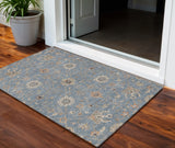 3' X 5' Denim Blue Ivory And Coral Floral Washable Indoor Outdoor Area Rug