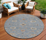 8' Denim Blue Ivory And Coral Round Floral Washable Indoor Outdoor Area Rug