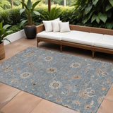 8' X 10' Denim Blue Ivory And Coral Floral Washable Indoor Outdoor Area Rug
