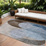 8' X 10' Denim Blue Brown And Beige Geometric Washable Indoor Outdoor Area Rug