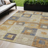 5' X 8' Linen Blue And Copper Geometric Washable Indoor Outdoor Area Rug