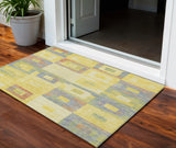 3' X 5' Yellow Blue And Terra Cotta Geometric Washable Indoor Outdoor Area Rug