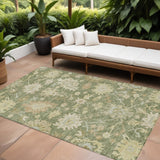 8' X 10' Artichoke Green Ivory And Tan Floral Washable Indoor Outdoor Area Rug