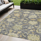 5' X 8' Gray Ivory And Green Floral Washable Indoor Outdoor Area Rug