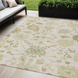 5' X 8' Ivory Green And Tan Floral Washable Indoor Outdoor Area Rug