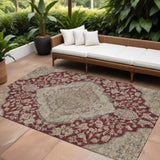 8' X 10' Red Beige And Brown Oriental Washable Indoor Outdoor Area Rug