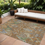 8' X 10' Copper Green And Beige Floral Washable Indoor Outdoor Area Rug