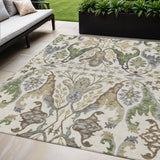 5' X 8' Ivory Green And Brown Floral Washable Indoor Outdoor Area Rug