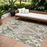 8' X 10' Ivory Green And Brown Floral Washable Indoor Outdoor Area Rug
