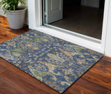 3' X 5' Navy Blue Green And Brown Floral Washable Indoor Outdoor Area Rug
