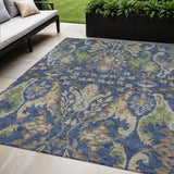 5' X 8' Navy Blue Green And Brown Floral Washable Indoor Outdoor Area Rug