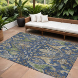 8' X 10' Navy Blue Green And Brown Floral Washable Indoor Outdoor Area Rug