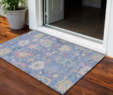 3' X 5' Blue Pink And Ivory Floral Washable Indoor Outdoor Area Rug