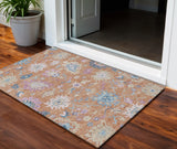 3' X 5' Orange Pink And Denim Blue Floral Washable Indoor Outdoor Area Rug