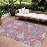 8' X 10' Pink Ivory And Denim Blue Floral Washable Indoor Outdoor Area Rug