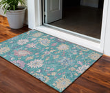 3' X 5' Teal Blue Pink And Ivory Floral Washable Indoor Outdoor Area Rug